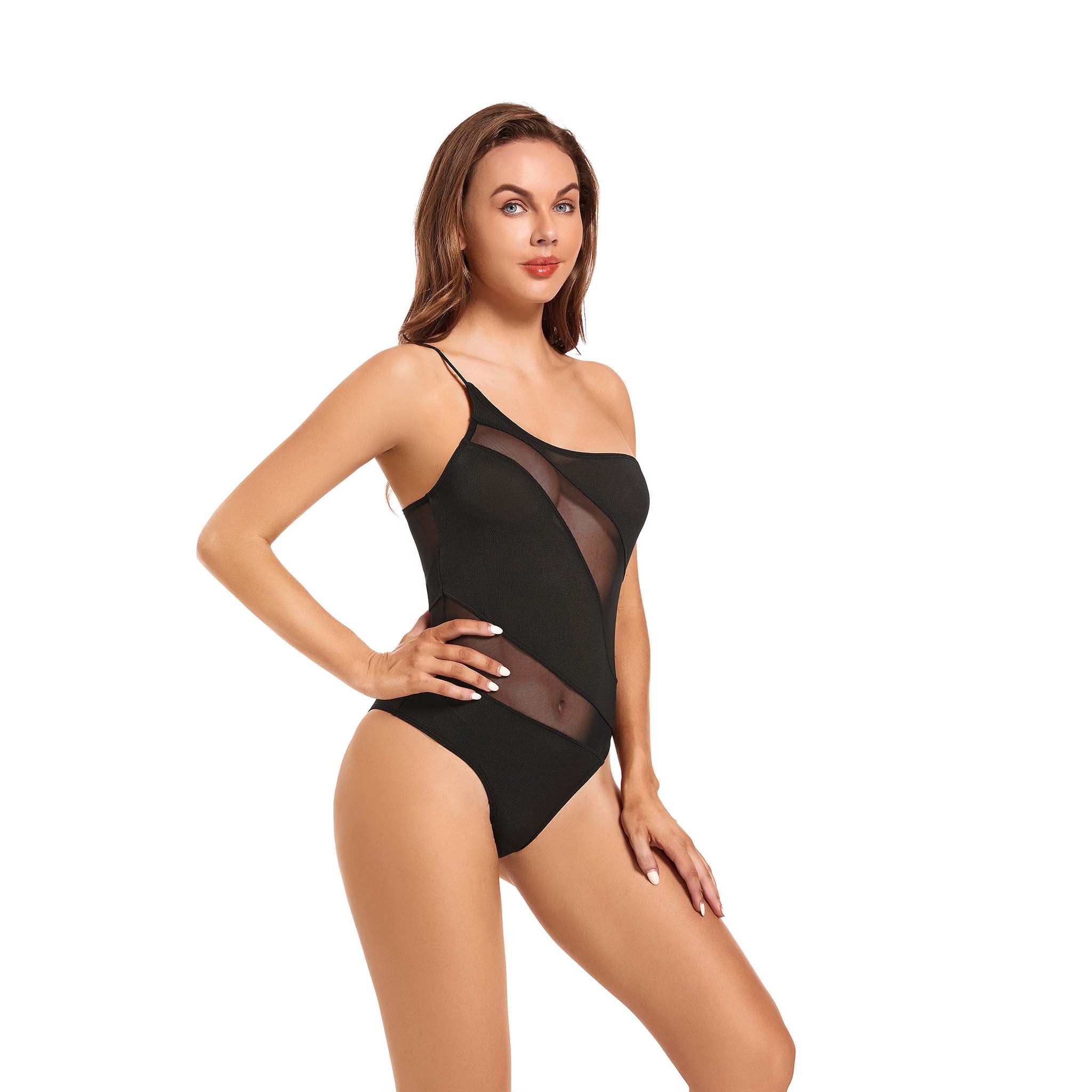Black One Shoulder Monokini Tan Through One Piece Swimsuit for Women - Asymmetric Mesh Patchwork Swimwear