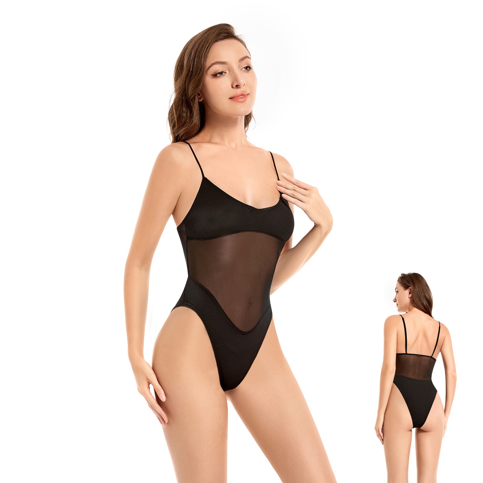 Black Tan Through One Piece Swimsuit for Women - Mesh Panel Monokini Swimwear, Quick Dry & Breathable High Cut Bodysuit, Black