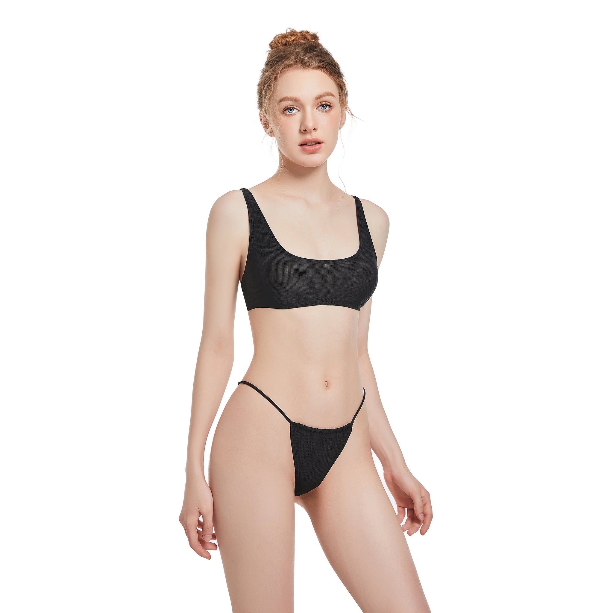 Two Piece Tan Through Bikini Set - Minimise Tan Lines UV-Permeable Swimsuit - Adjustable Fixed Strap Sporty Triangle Bathing Suit, Onyx Black