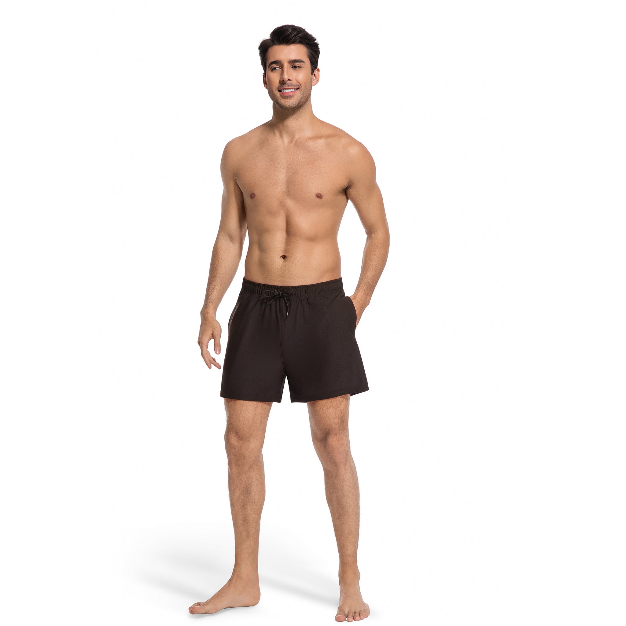 Men's Tan Through Swim Trunks in Dark Brown - Minimise Tan Lines Male Beach Shorts - UV Permeable Quick Dry Man's Swimwear with Pockets