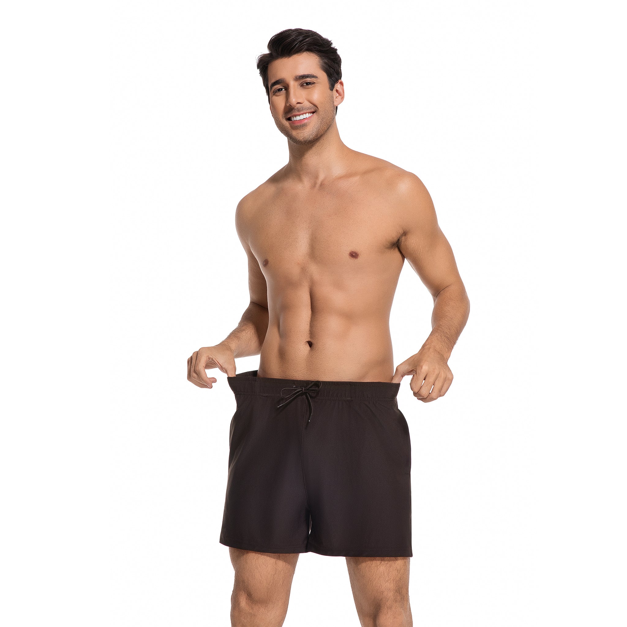 Men's Tan Through Swim Trunks in Dark Brown - Minimise Tan Lines Male Beach Shorts - UV Permeable Quick Dry Man's Swimwear with Pockets