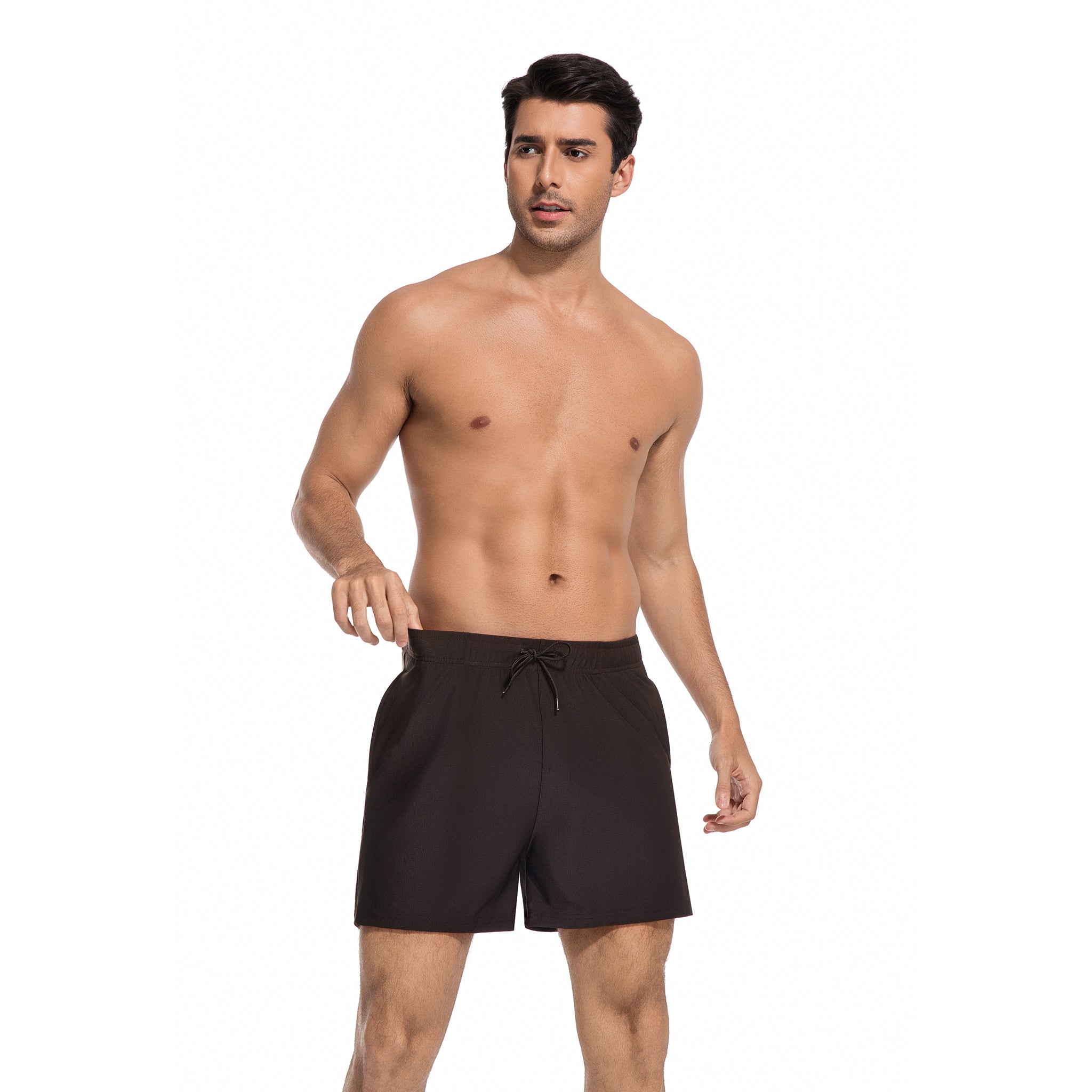 Men's Tan Through Swim Trunks in Dark Brown - Minimise Tan Lines Male Beach Shorts - UV Permeable Quick Dry Man's Swimwear with Pockets