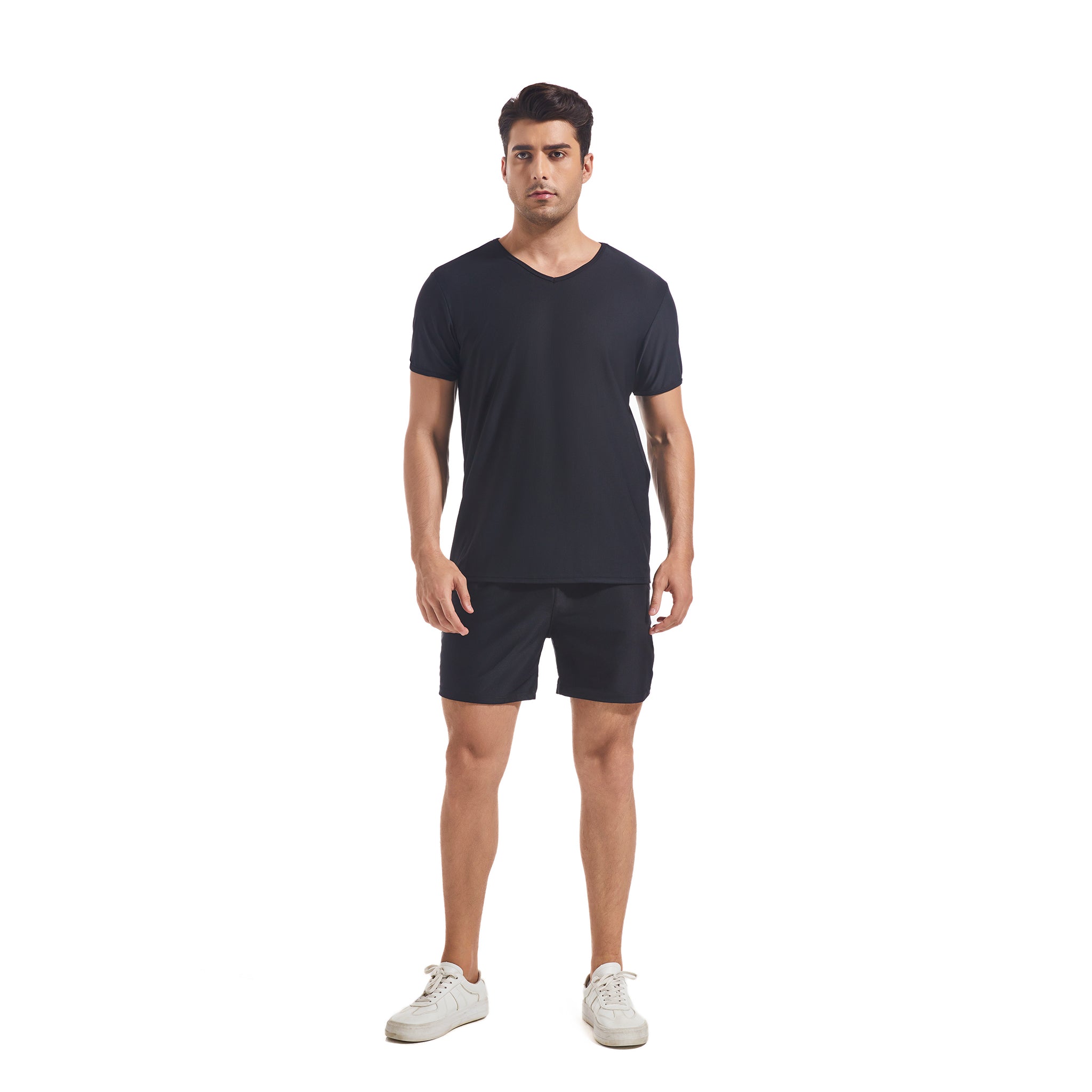 Men's Tan Through Black Round Neck T-shirt & Shorts - Sun-Permeable Minimise Tan Lines Mesh Gym & Beach Wear Set Male Poolside Sportswear Pocketed