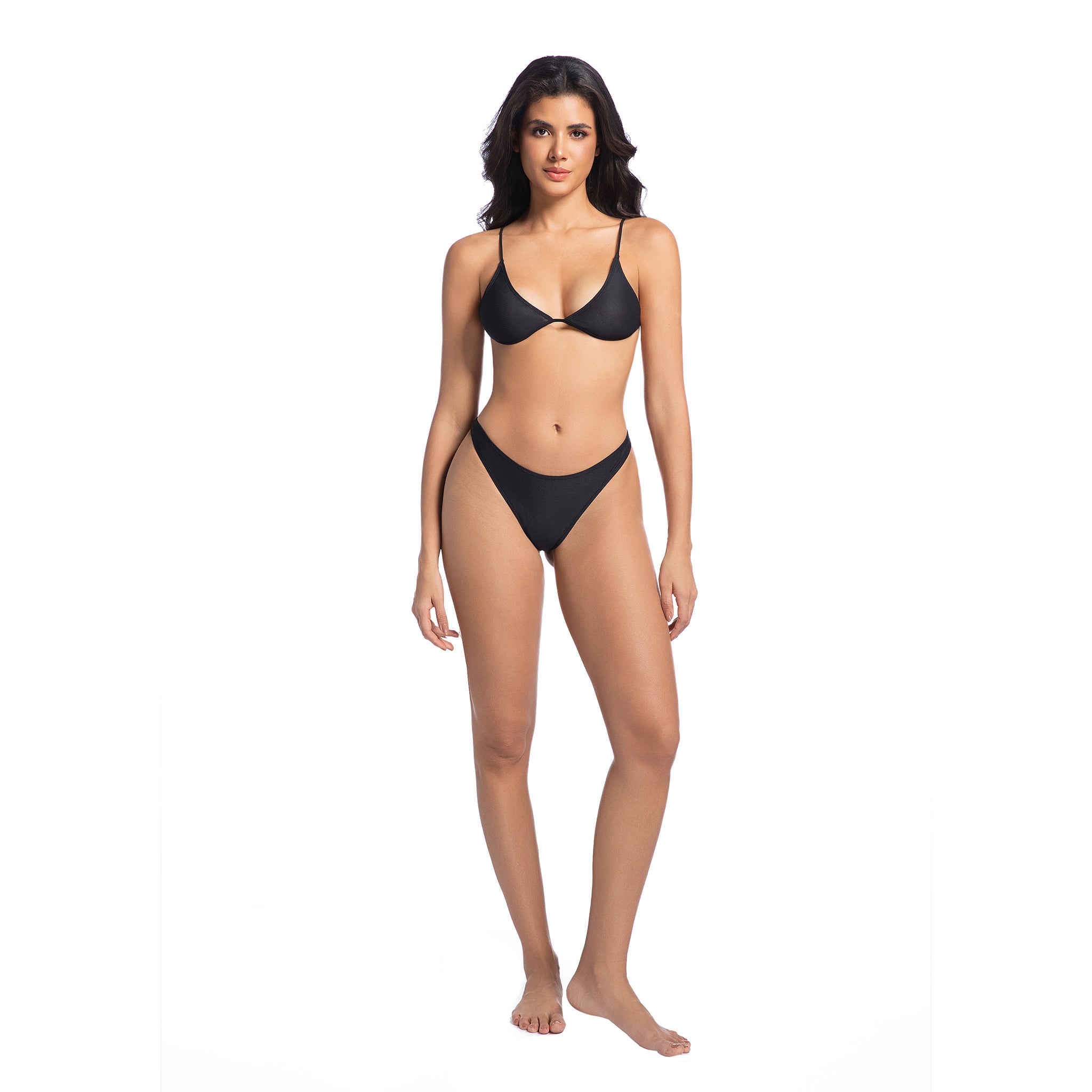 Tan Through Bikini Set - Minimise Tan Lines UV-Permeable Swimsuit - Two Piece Adjustable Spaghetti Strap Fixed Bottom Bathing Suit, Onyx Black