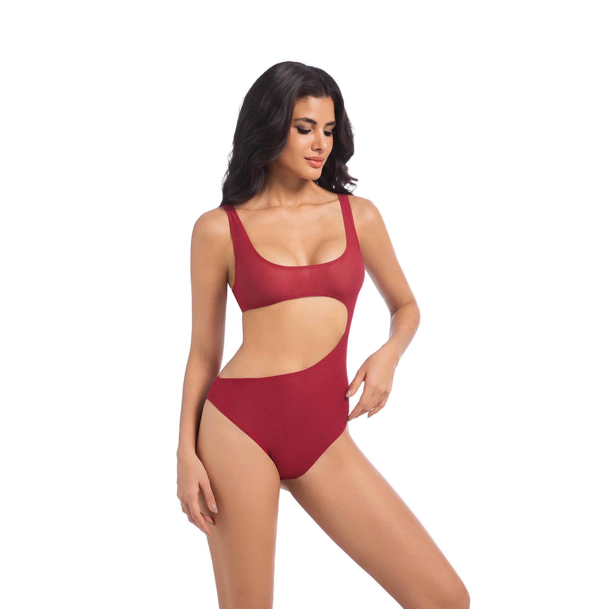 Women's Cherry Red Tan Through One Piece Swimsuit - Asymmetrical Side Cutout Bathing Suit - Minimise Tan Lines UV Permeable Woman Ribbed Tie-Back High Cut Swimwear