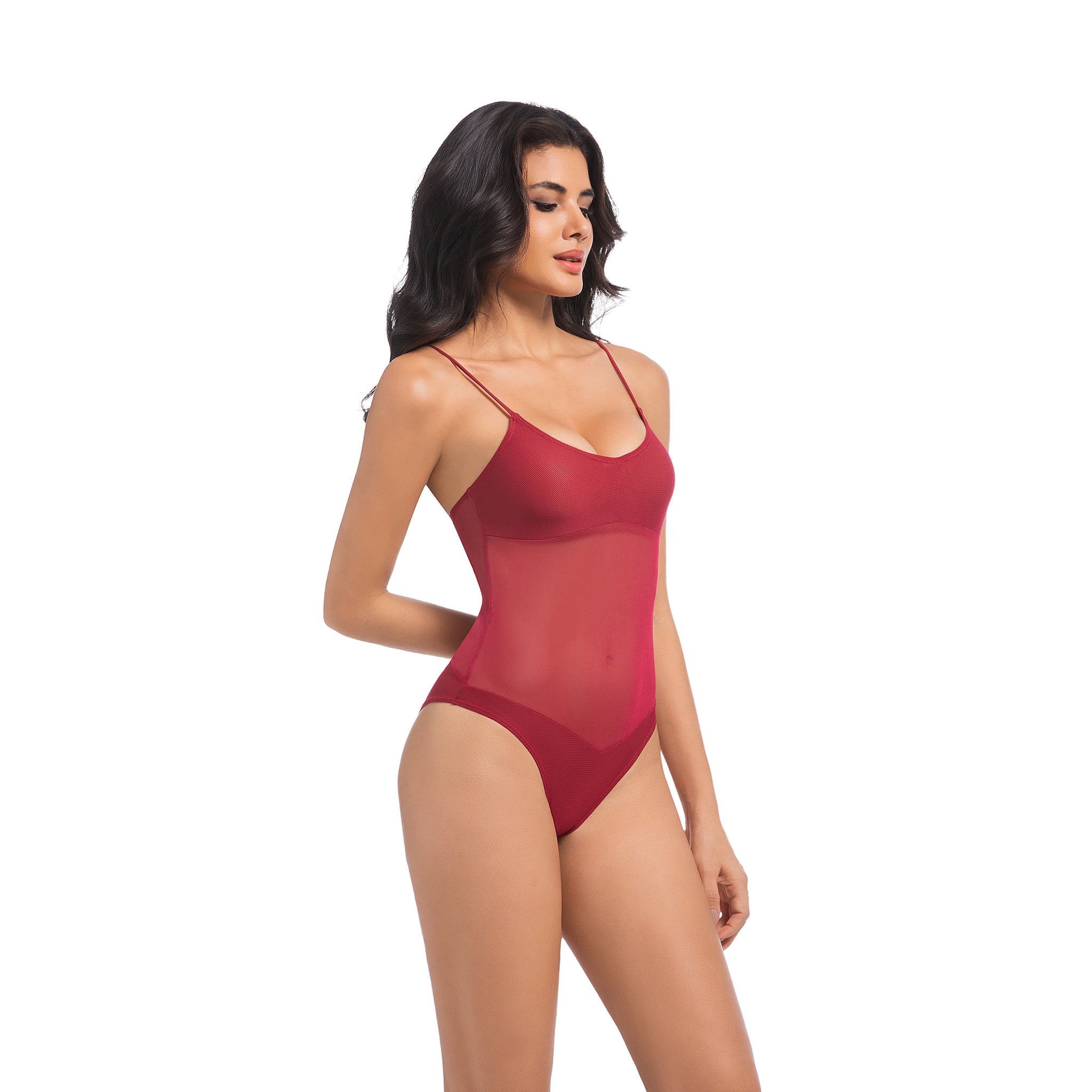 Women's Cherry Red Tan Through One Piece Swimsuit - Sheer Mesh Midriff Bathing Suit - Minimise Tan Lines UV Permeable Woman Ribbed Scoop Neck High Cut Swimwear