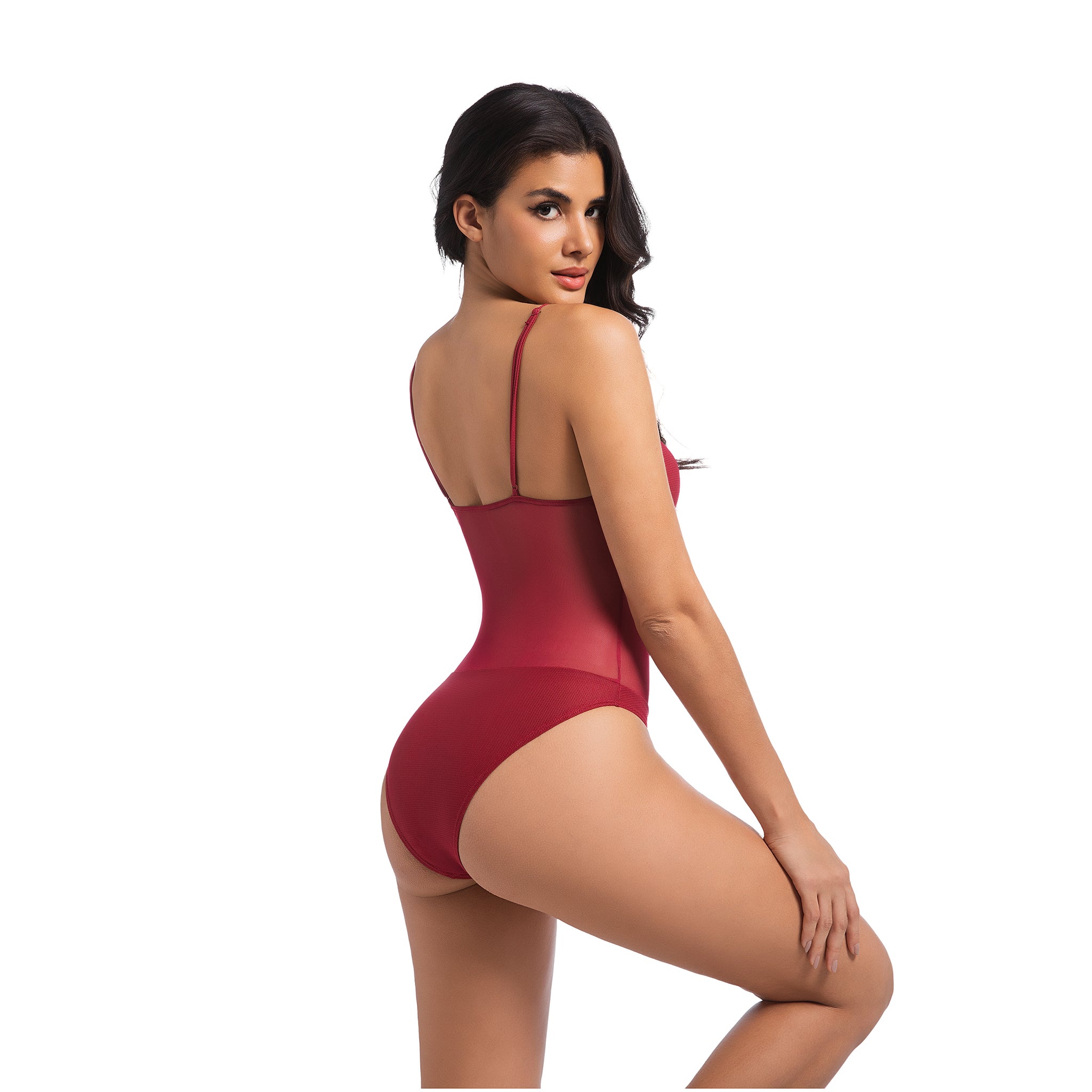 Women's Cherry Red Tan Through One Piece Swimsuit - Sheer Mesh Midriff Bathing Suit - Minimise Tan Lines UV Permeable Woman Ribbed Scoop Neck High Cut Swimwear