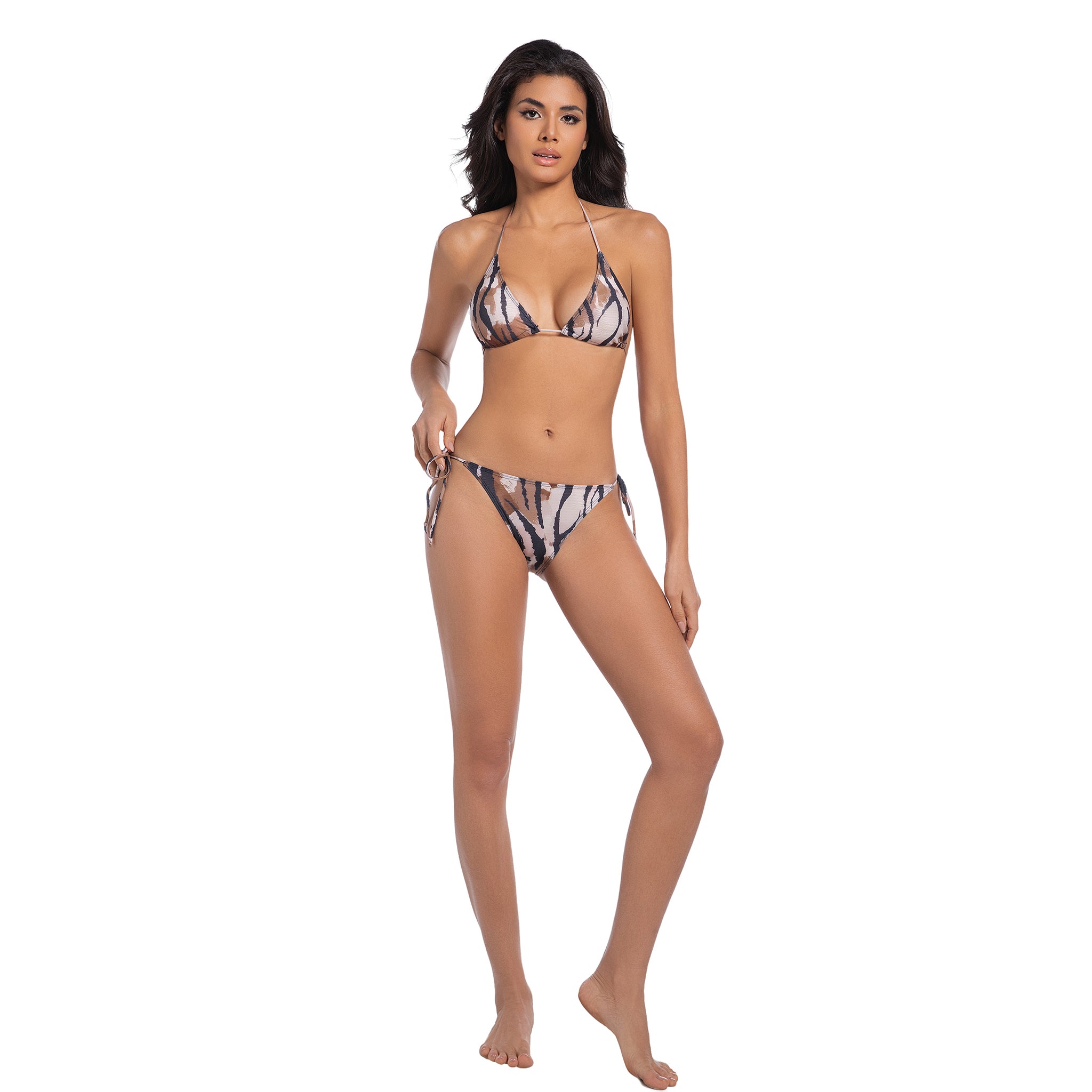 Costume da bagno due pezzi da donna effetto "abbronzatura filtrata" (tan-through) per ridurre i segni dell'abbronzatura - Top a triangolo Leo e slip sfacciati con laccetti laterali - Beachwear stampato da donna, costume intero da tigre da donna