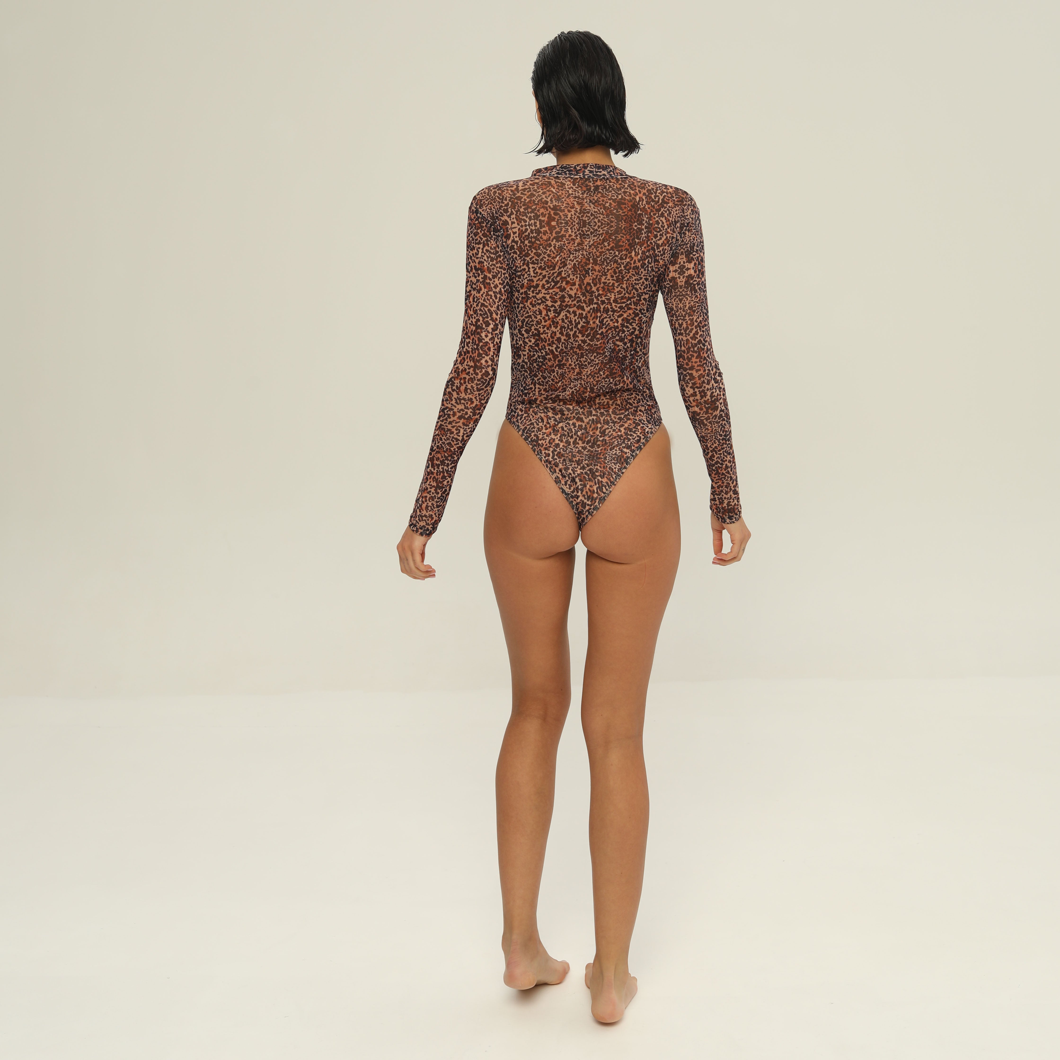 Minimise Tan Lines Tan Through Bodysuit - Half-Zip High Neck Leo Animal Print Swimsuit for Women - Long Sleeve Mesh Female Cover-Up Woman's Beachwear
