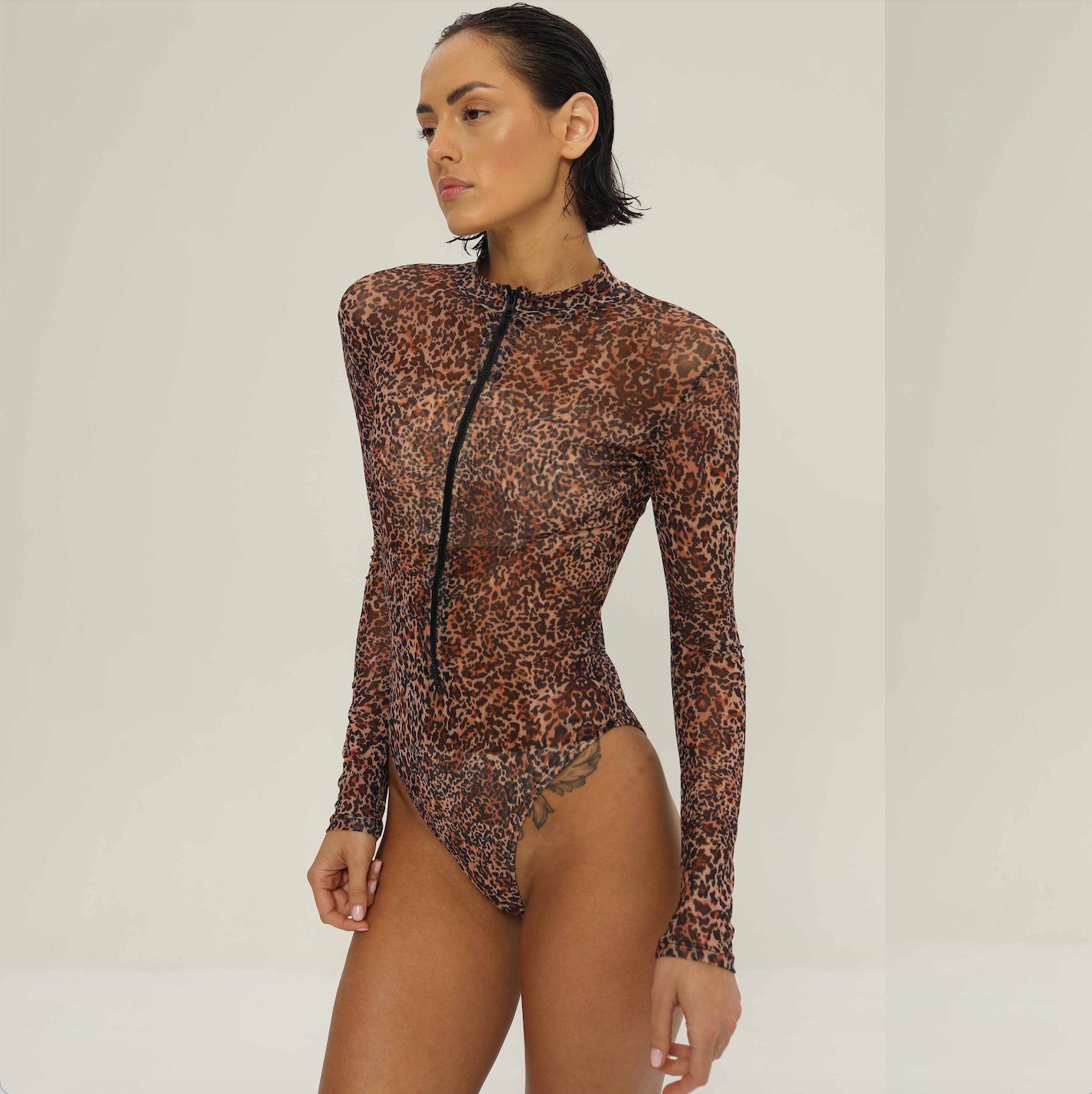 Minimise Tan Lines Tan Through Bodysuit - Half-Zip High Neck Leo Animal Print Swimsuit for Women - Long Sleeve Mesh Female Cover-Up Woman's Beachwear