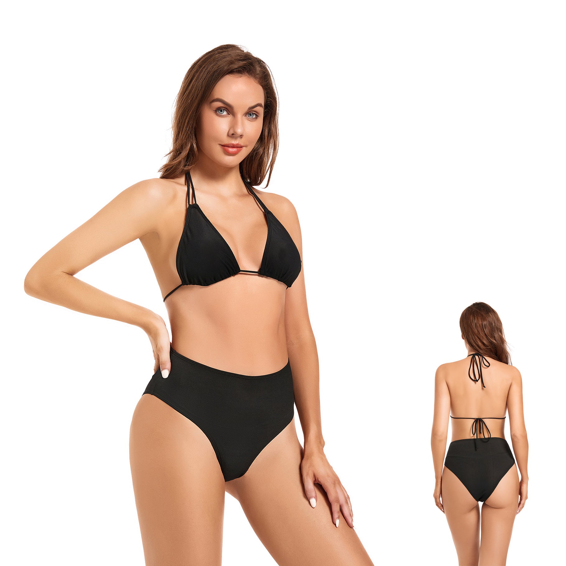 Halter Tan Through Bikini Set - Minimise Tan Lines UV-Permeable Swimwear - Two Piece Sun-Filtering Seamless Bottom Bathing Suit, Onyx Black