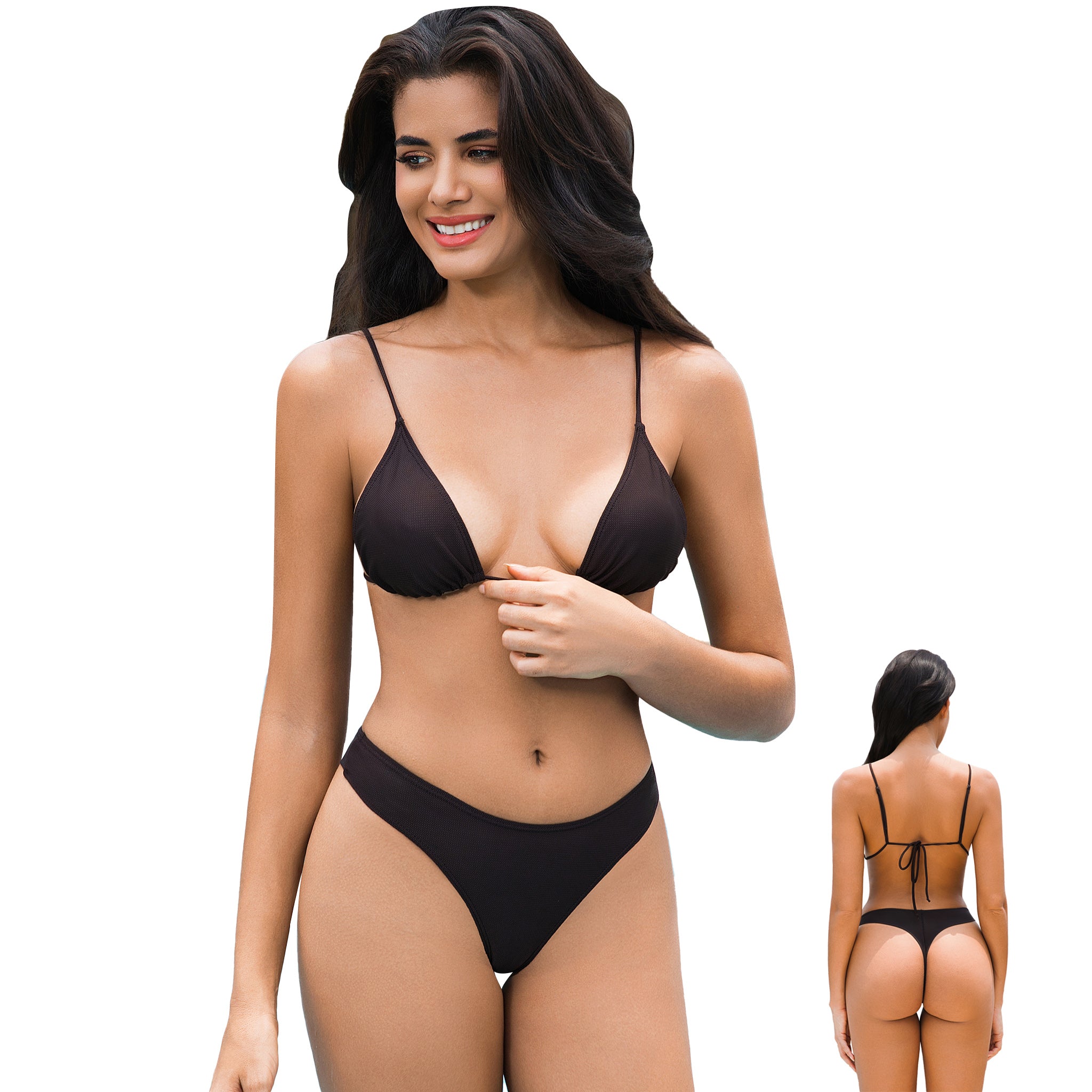 Women's Triangle Bikini Set - Brown Tan Through 2-Piece Swimwear - Minimise Tan Lines UV Permeable Woman Adjustable Strap High Cut Thong Bathing Suit