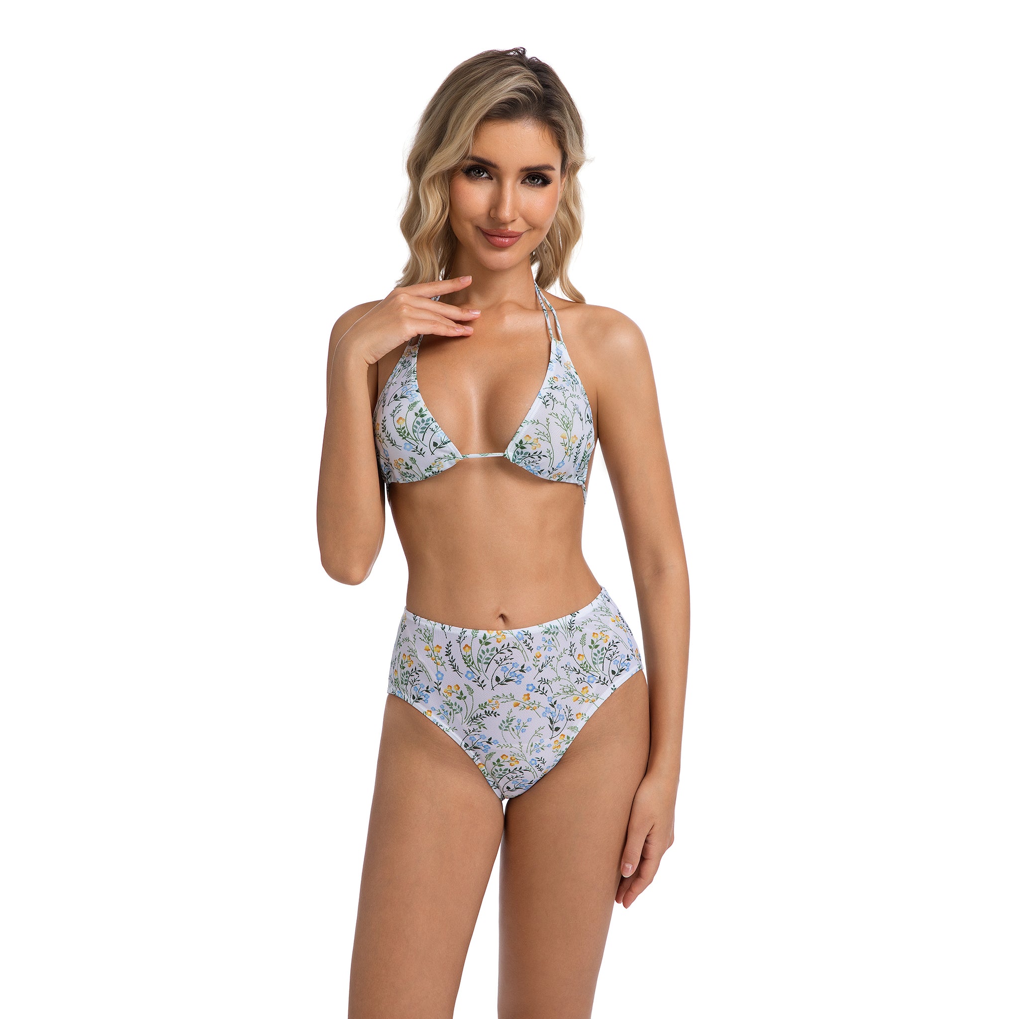 Minimise Tan Lines Tan Through Patterned Two Piece - Swimsuit for Women Wildflower Floral Print - Double Strap Halter Triangle Top High-Waist High Leg Ribbed Female Bikini Set Woman's Bathing Suit