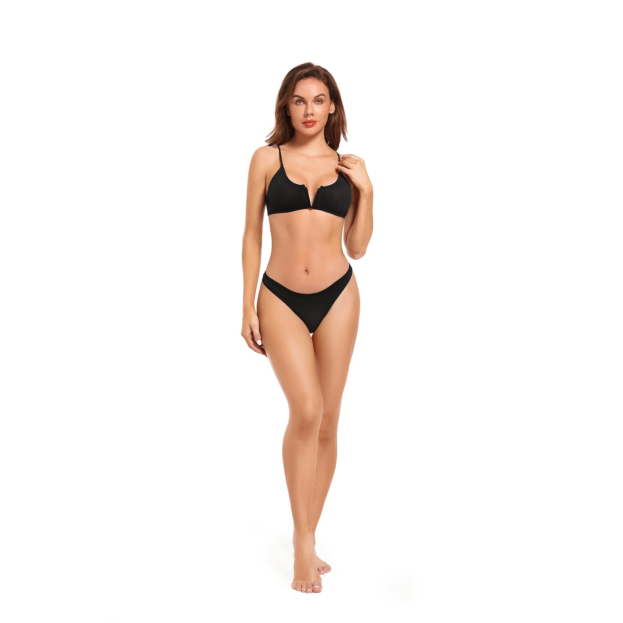 Set Bikini a V con Spacco e Tessuto Abbronzante - Riduce le Segni dell'Abbronzatura Costume da Bagno Permeabile ai Raggi UV - Costume da Bagno Due Pezzi con Scollatura Profonda, Spalline Sottili e Slip Fisso, Nero Onice