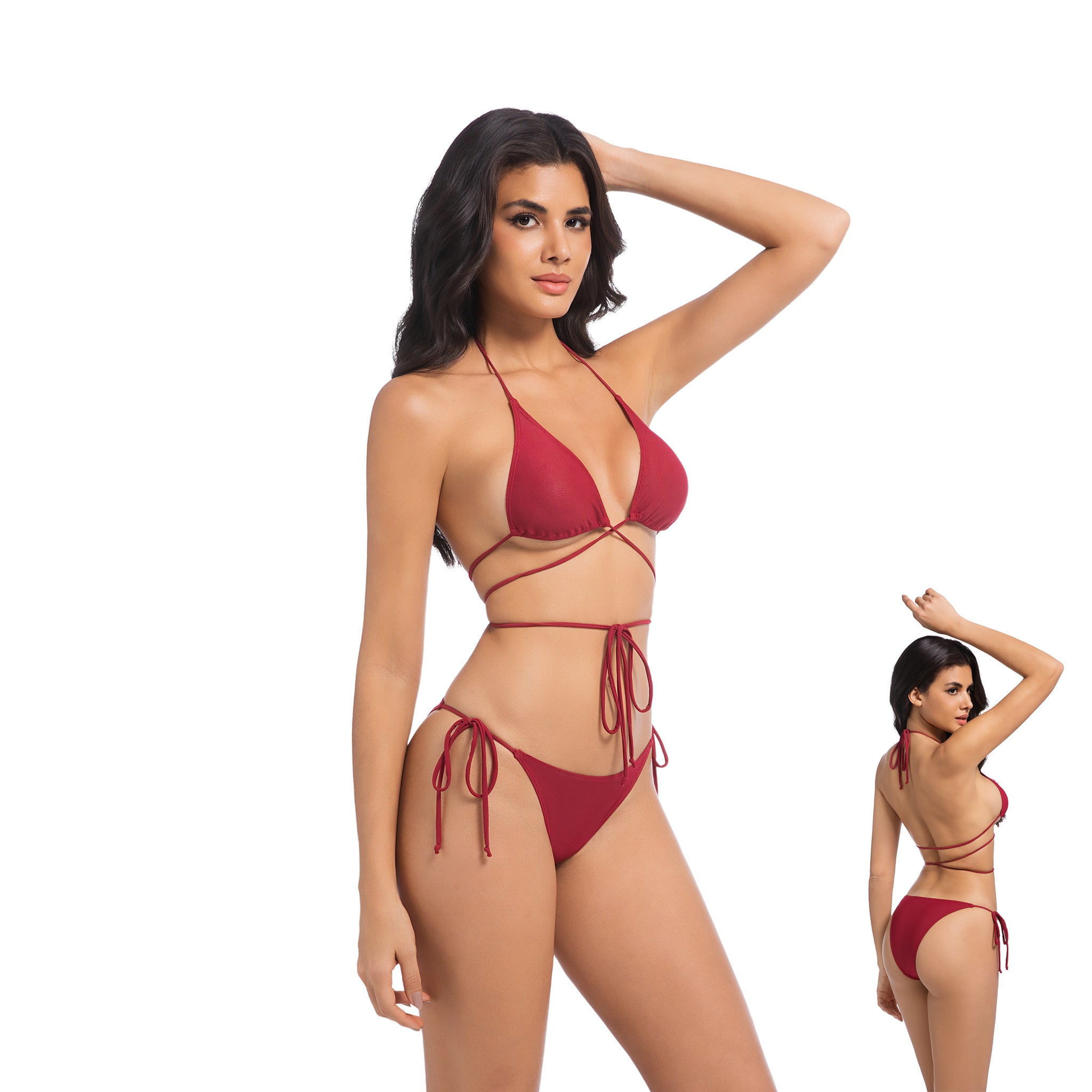 Women's Cherry Red Tan Through Bikini Set - Multi-Way Wrap Around 2-Piece Swimwear - Minimise Tan Lines UV Permeable Woman Ribbed Side Tie Bathing Suit