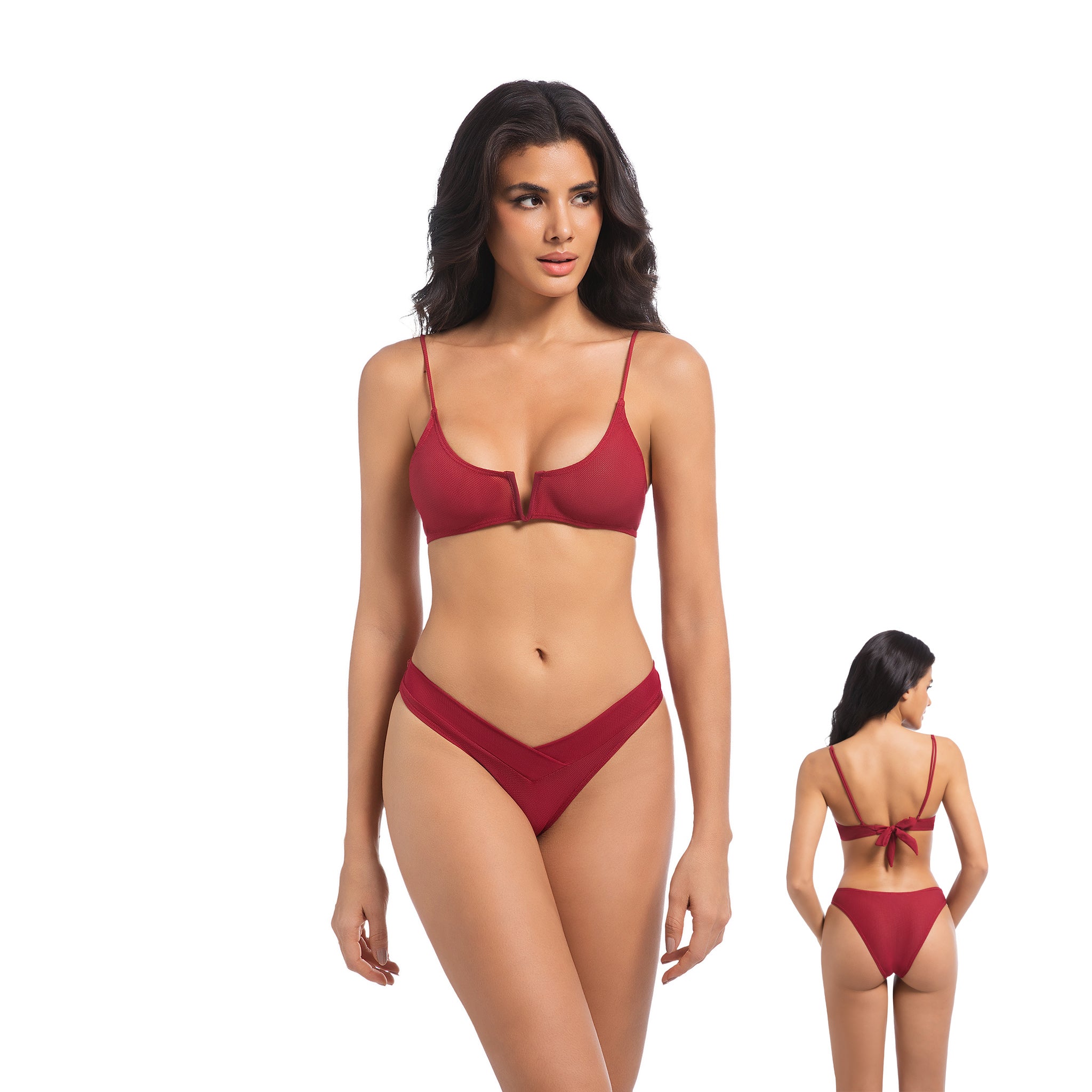Women's Tan Through Cherry Red Bikini Set - Minimise Tan Lines UV Permeable Woman 2-Piece Swimsuit - Ribbed V-Notch Bow Tie Back & Layered V-Waist Bathing Suit